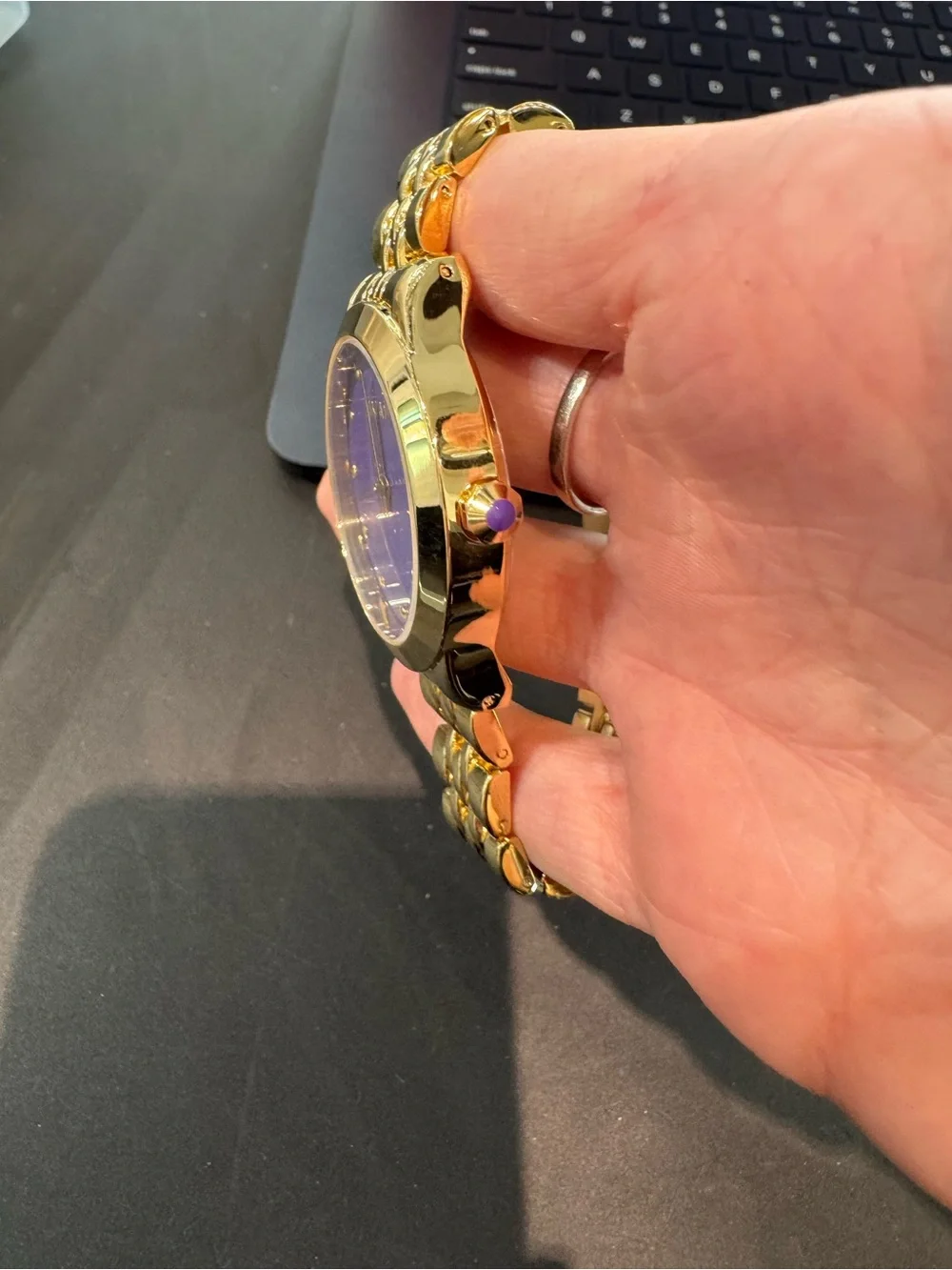 New IMAN Global Chic Gold-Tone Minimalist Purple Dial Bracelet Watch